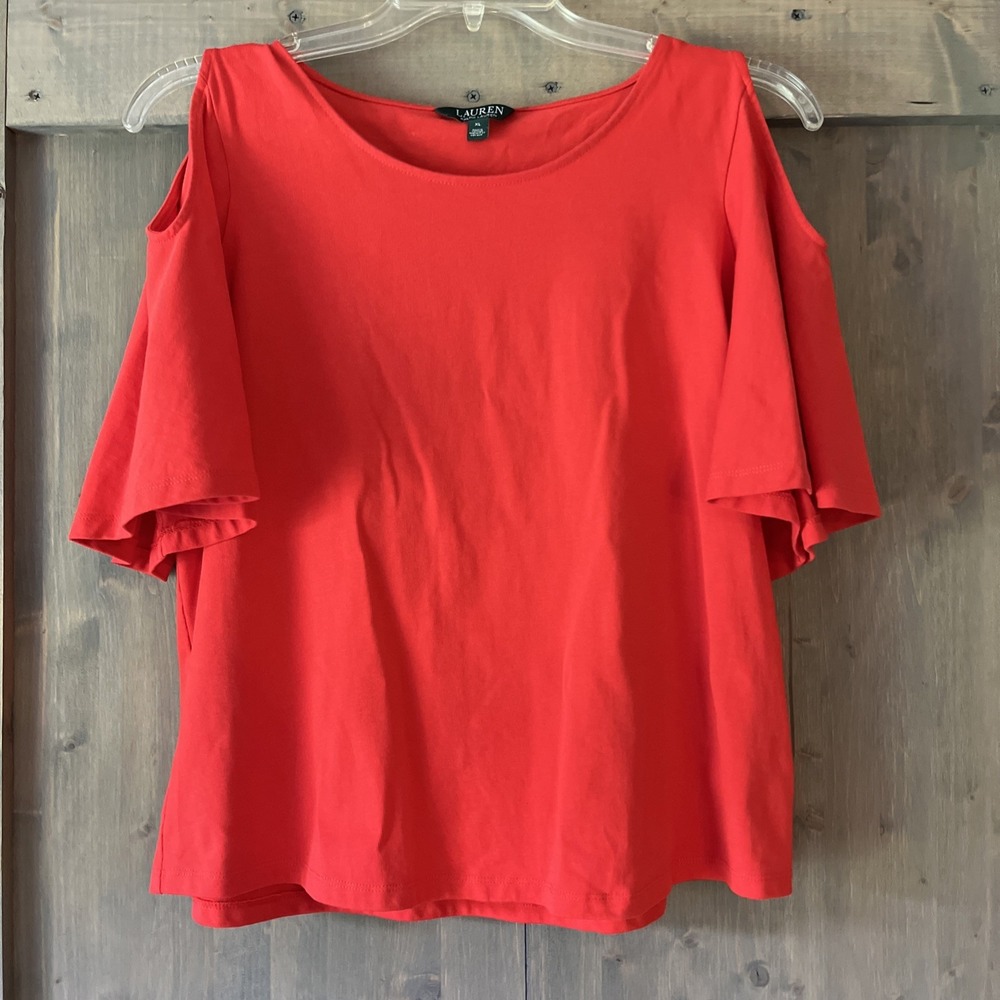 Lauren Ralph Lauren‎ XL Red Round Neck Cold Shoulder Cotton Stretch Top